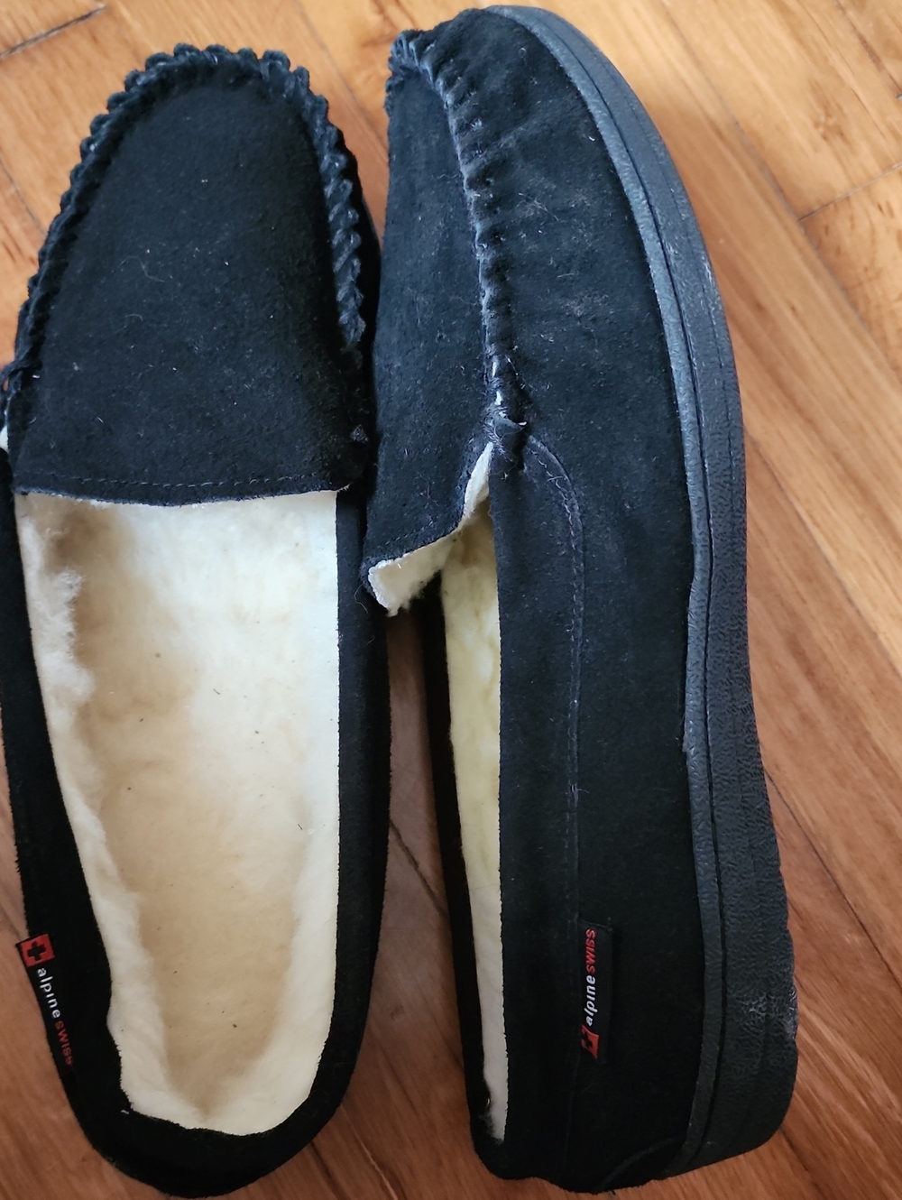 Black Suede Men’s Faux-Shearling Slip-On Loafers. sz. 15